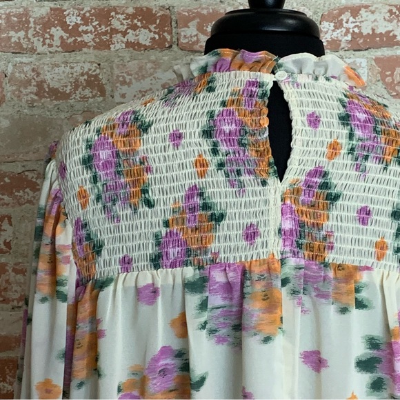ENTRO Floral Blouse Large Cream Lavender Orange Smocked Semi-Sheer Boho - Picture 8 of 12